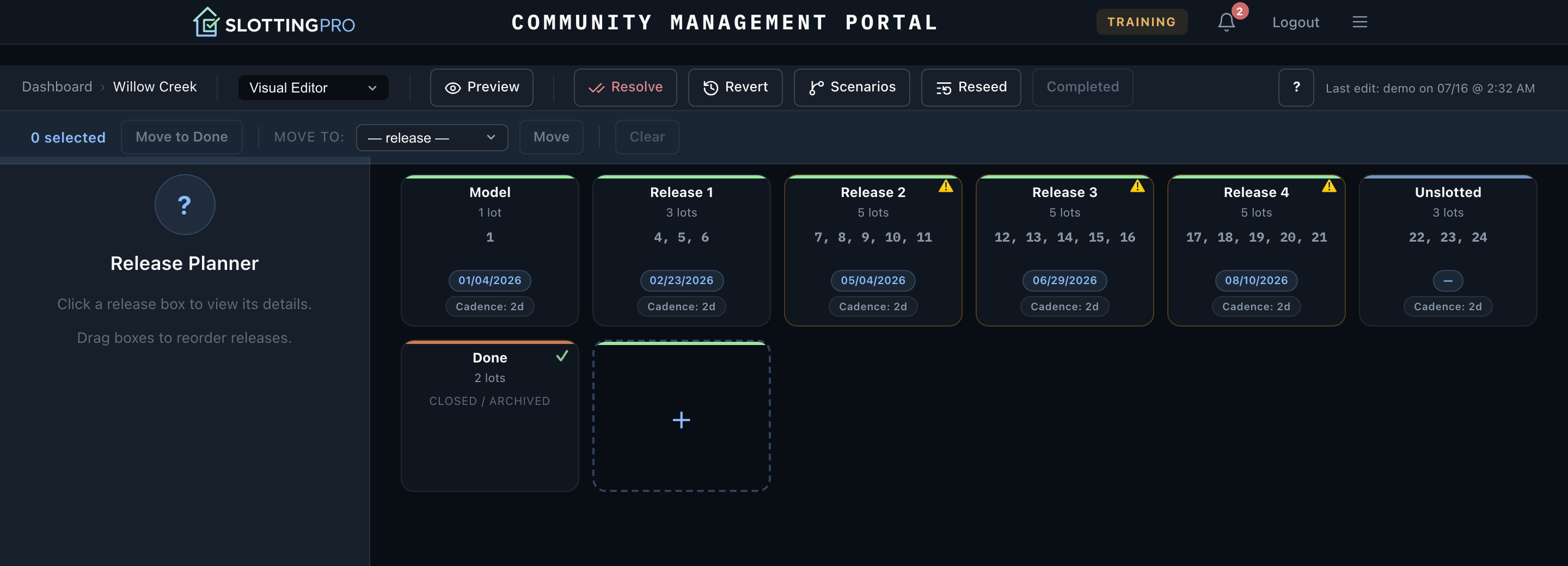 Release Planner showing release boxes with lots, start dates and cadence, and the Preview, Resolve, Revert and Scenarios toolbar
